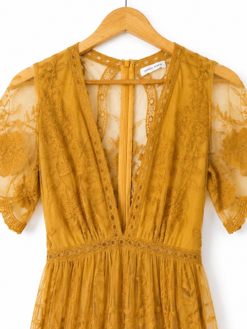 Honey Punch Women’s Mustard Lace Maxi Dress/Romper, Size Small - Picture 5 of 8